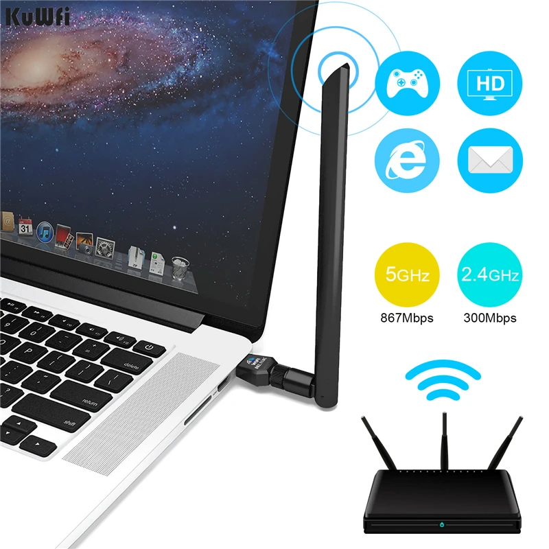 KuWFi Wifi USB 1200 Мбит/с беспроводной адаптер AC двухдиапазонный сетевой для ноутбука