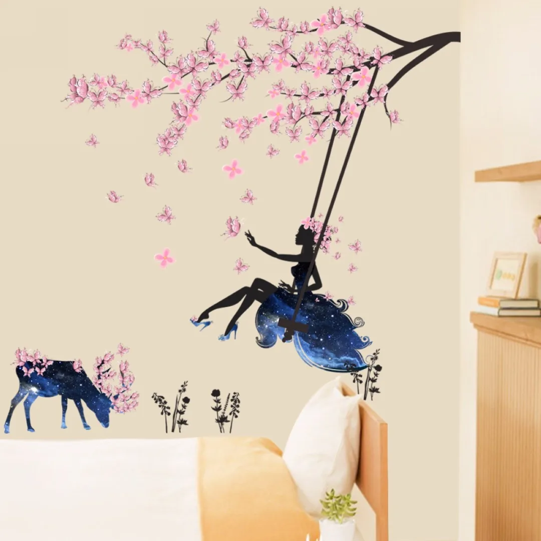 Beautiful Flower Fairy Tree Wall Sticker Decals Wing Moon Butterfly Girls room Decor Flower Fairy Sitting Vines Wall Decals Gift
