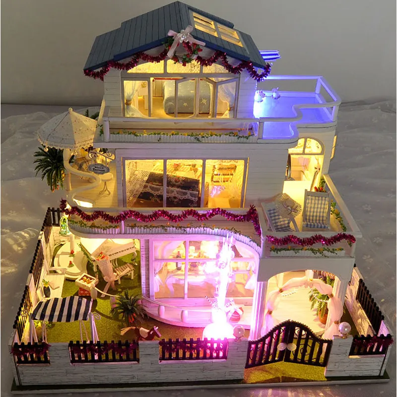 

DIY Doll House Furnitures Miniature Doll house Dust Cover Wooden Dollhouse Light House For Dolls Handmade Toys For Children