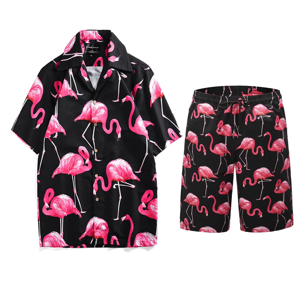 Mr.1991IN Summer Vacation Sets Men's Flamingos Printed Tropical style Beach Hawaiian suit Short Shirts Shorts Two Piece Suit