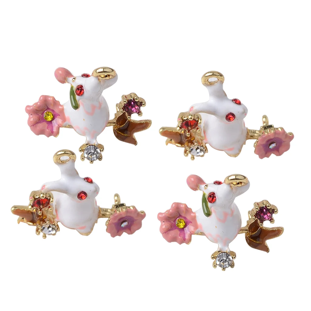 4Pcs Rhinestone Decorated Easter Rabbit with Flower for Hanging Charms Pendants /Earring Findings Crafts/Necklace Bracelets DIY