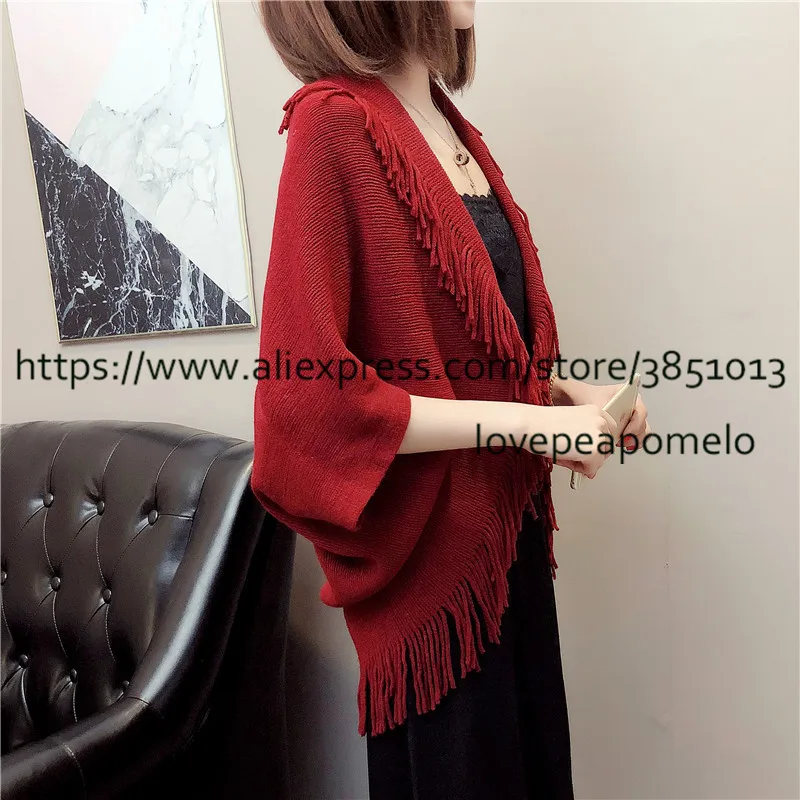 Весна и осень Knittedsweater Для женщин плюс Размеры Винтаж кисточкой свитер шаль свободные женские рукав "летучая мышь" накидка кардиган J244
