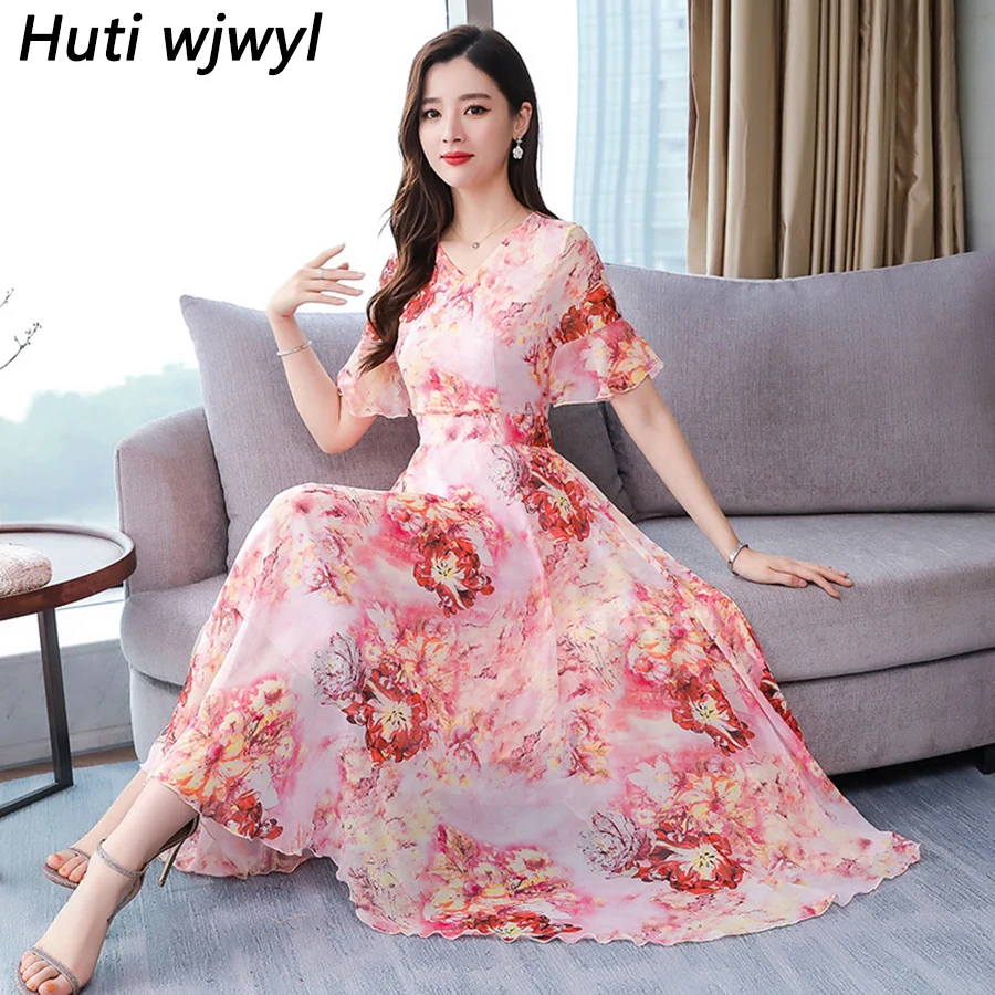 

Summer Vintage Elegant Floral Chiffon Boho Long Sundress 2019 3XL Plus Size Print Beach Maxi Dress Women Bodycon Party Vestidos