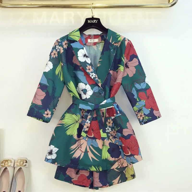 

2019 Summer Women Notched Double-Breasted Sashes Blazer Jacket+Wide-Leg Shorts Two Pieces Ladies Flower Print Short Pant Suit