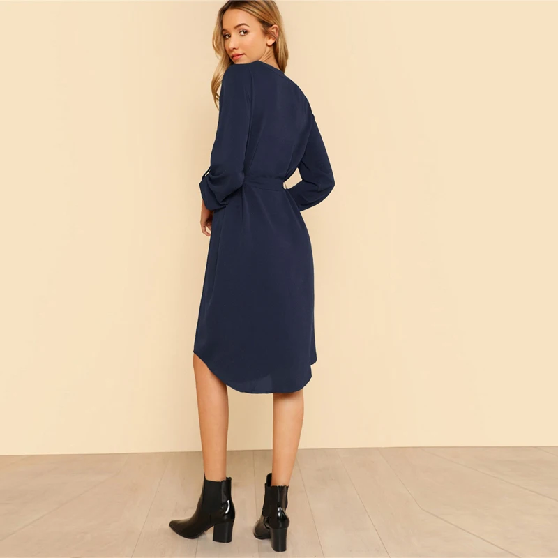 COLROVIE темно-синее однотонное платье-рубашка с рукавами и поясом для работы, женское платье, осеннее платье на пуговицах для офисных леди, Базовые платья