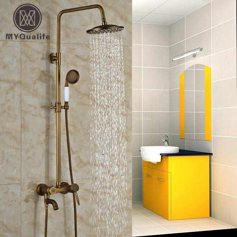 

Wall Mount Bathroom Antique Shower Faucet Single Handle Tub Shower Mixer Tap 8" Rain Showerhead