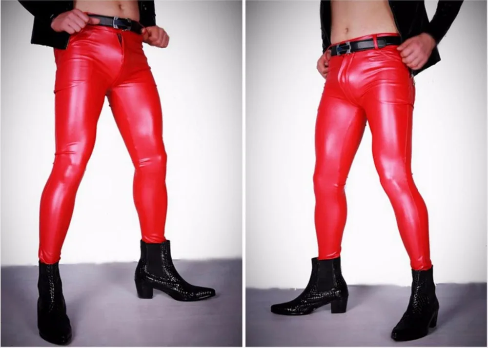 Мужские эротический Шарм брюки тонкие обтягивающие эластичные джинсы эластичные стильные искусственная кожа Новые