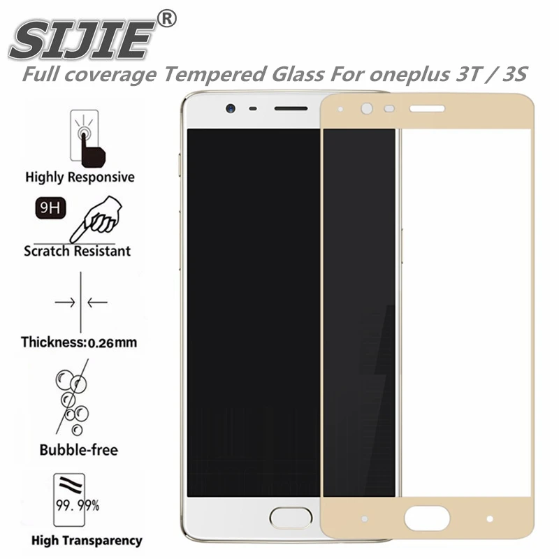 

SIJIE Full coverage Tempered Glass For oneplus 1+ 3T / 3S Screen Protector front 1+3T 1+3S 9H cover black White gold 5.5 inche