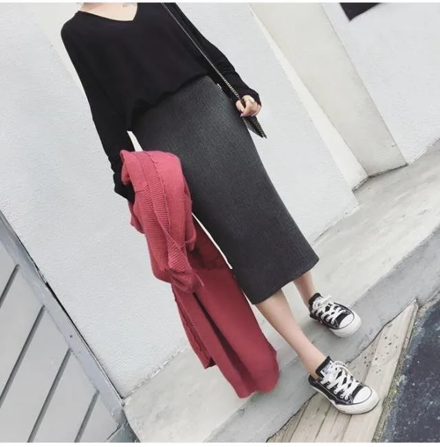 Women Skirts Knitting Solid Female Pencil Skirt Autumn Winter High Waist with Package Hip Split Ends Long Skirt