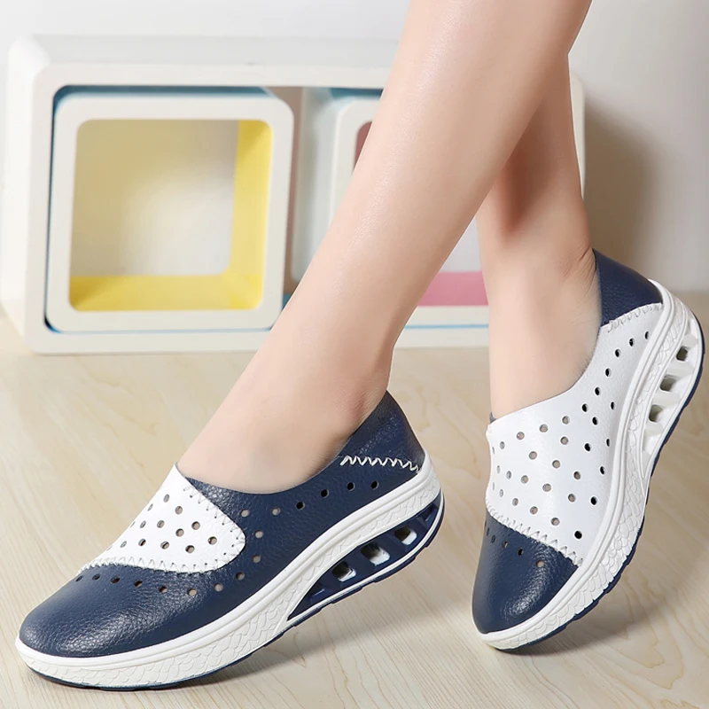 

POLALI 2019 Spring women genuine leather flats women platform sneakers creepers cutouts slip on flats moccasins shoes woman 7687