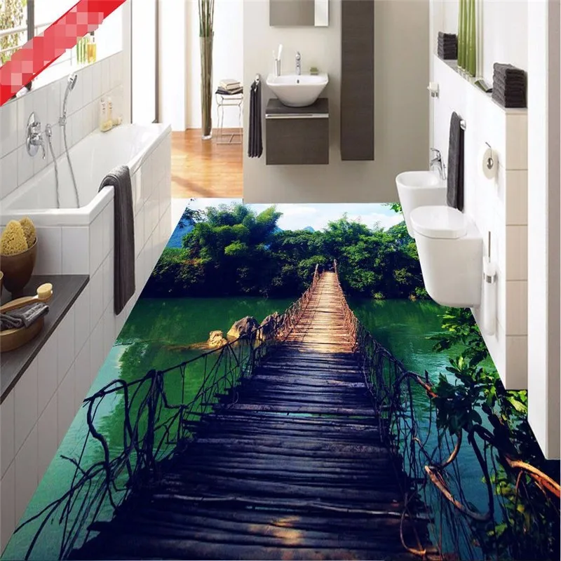 Photo-Floor-Wallpaper-hanging-wooden-bridge-natural-forest-Art-Bathroom-Mural-3d-PVC-Wall-paper-Self