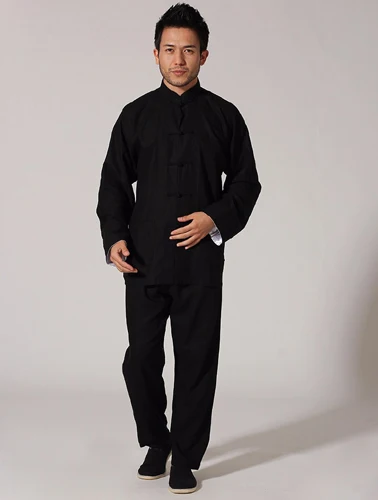 Стиль Китайский Для мужчин's джинсовый жакет и брюки для занятий кунг-фу высокого Качественный хлопок постельное белье ушу Тай Чи M L XL XXL XXXL 011313 - Цвет: black