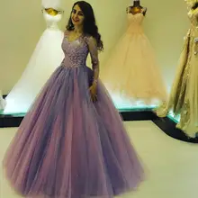 Бальные платья с длинными рукавами, тюлевый кружевной накладной орнамент, Vestidos De 15 Anos, v-образный вырез, длина до пола, элегантное выпускное платье