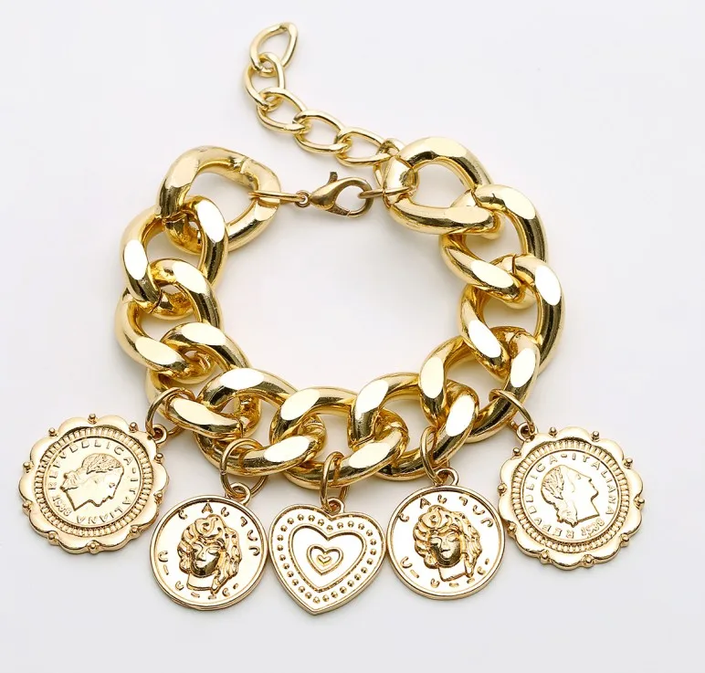 Слюн za Мода Золотая цепь браслет с шармами в виде монет заявление женщин мода ювелирные изделия оптом - Окраска металла: gold