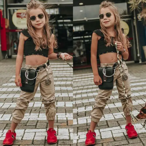 

2019 Summer Girls Clothing Set Baby Kids Clothes Suit Children Short Sleeve Plaid T-Shirt Crop Tops+Long Pants Outfit Set