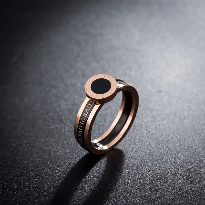 

New Style 2 In 1 Titanium Steel Roman Numerals Black Shell Ring Classic Rose Gold Wedding Rings Jewelry For Women Anneau R18090