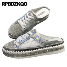 Мюли кроссовки бриллиант горный хрусталь женщин марка тапочки Серебряный шик криперы обувь на платформе меш кристалл кросовки сандалии Muffin отправка капель красивая весенняя осень Мода последние европейская