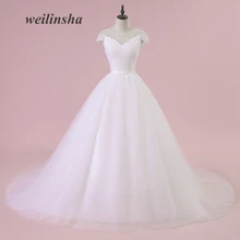 Weilinsha New Arrival Tulle A Linha de Vestidos de Casamento Simples Varredura Trem da Luva do Tampão Encantador Custom made Plus Size Vestido de Noiva