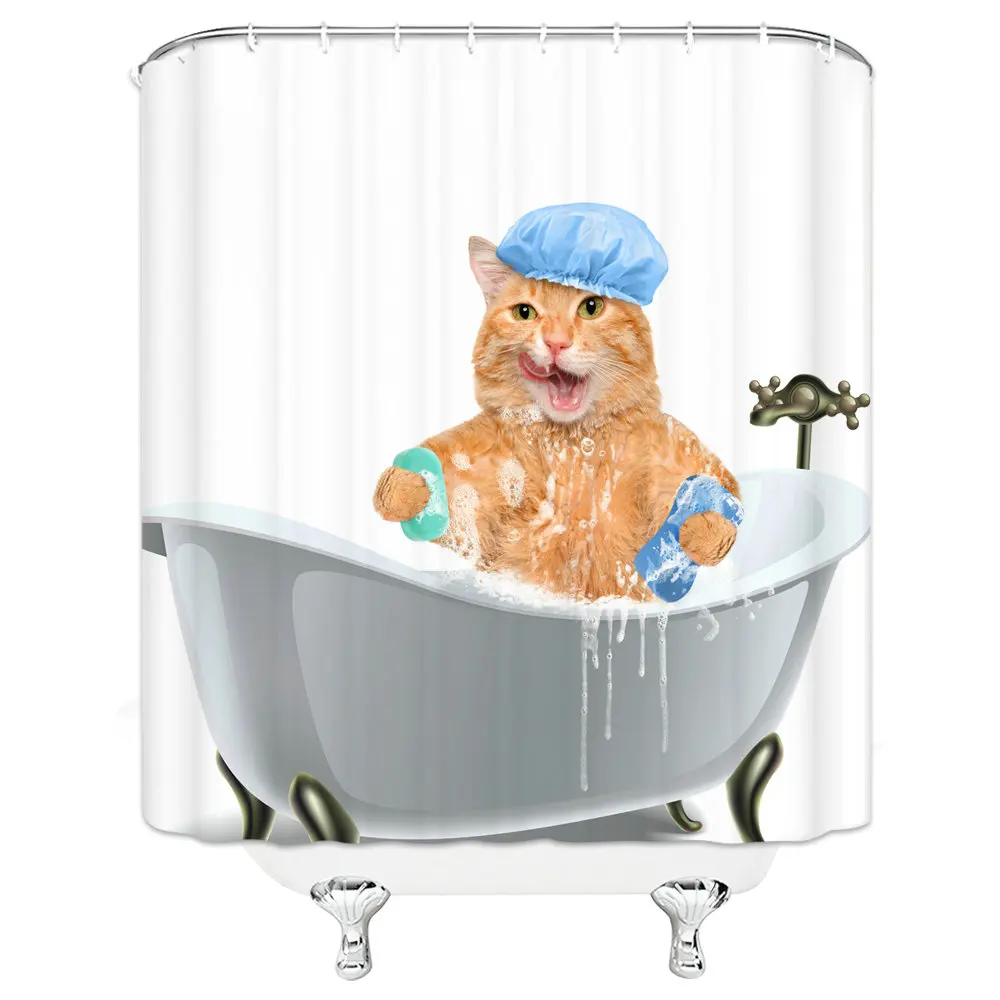 

Unique Minimalist Design Naughty Cat Bath White Shower Curtain Waterproof Mildew Polyester Cloth Home Bathroom Accessories