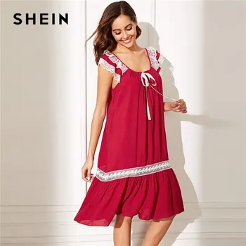 

SHEIN Lady Red Sleeveless Scoop Neck Floral Lace Insert Knot Ruffle Hem Night Dress Casual Sleepwear Women Sexy Nightwear