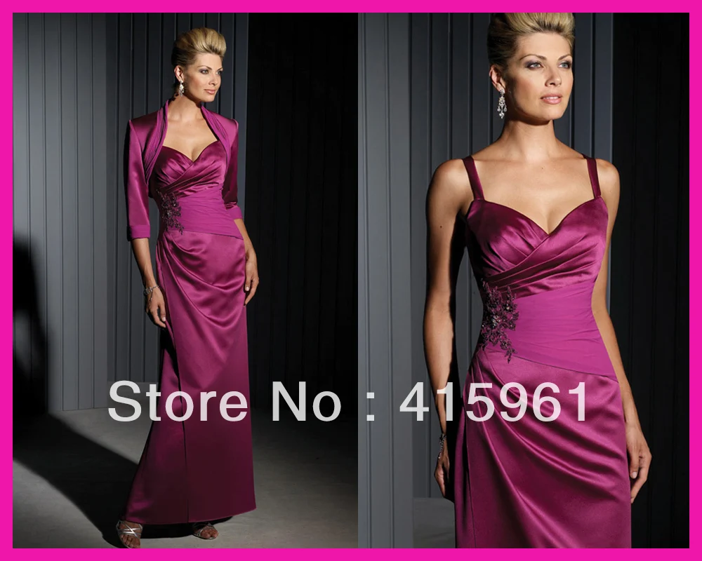 

Plum Satin Floor Length Mother of the Bride Gowns Dresses With Long Sleeve Jacket M411