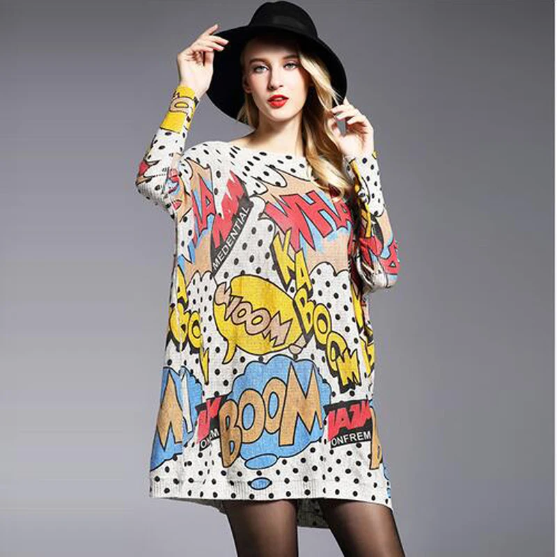 

Womens Baggy Comic Print Knit Pullover Sweater Jumper Knitwear Batwing Sleeve Print Slash Neck Knitted Winter Women clothing