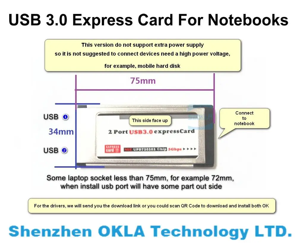 

1pcs Ultra-Speed 34mm wide Two Dual 2 USB 3.0 Express Card PCMCIA Converter Adapter Extender Laptop Notebook