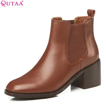 

QUTAA 2019 Woman Ankle Boots Fashion Cow Leather+Pu Square High Heel Women Shoes Winter Shoes Ladies Motorcycle Boots Size 34-42