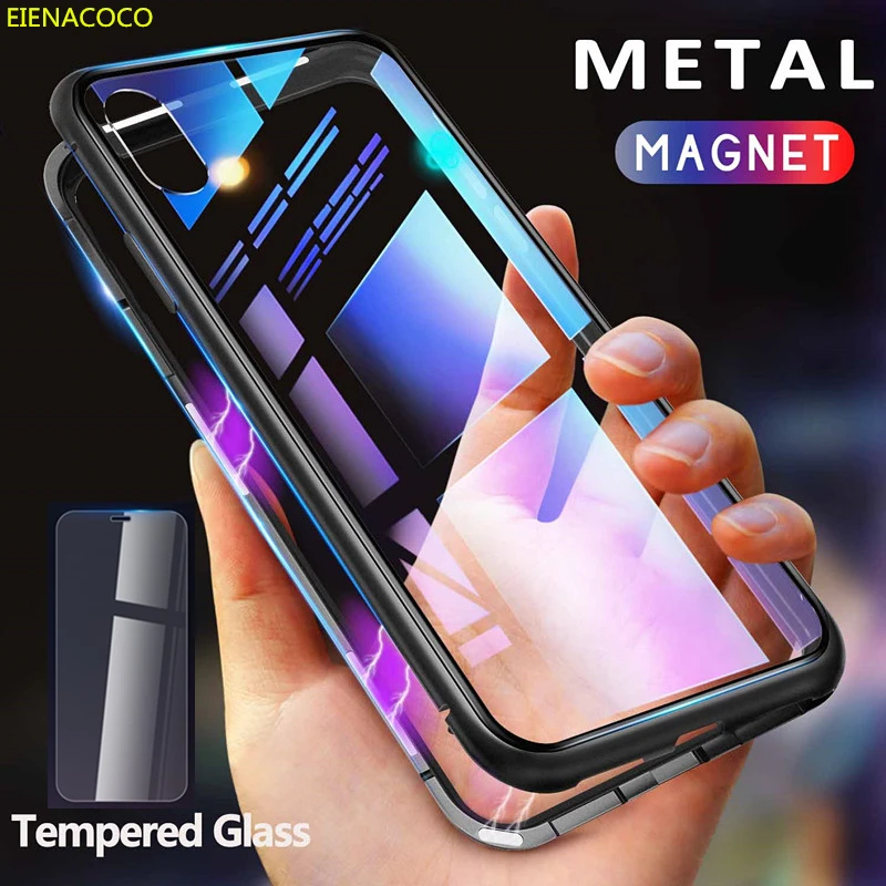 

EIENACOCO Metal Magnetic Case For iPhone XR XS MAX X 8 Plus 7 10 Tempered Glass Back Magnet Cover For iPhone 7 6 6S Plus Case