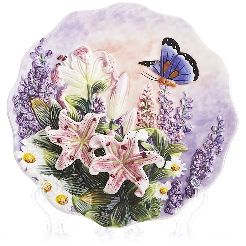 

Handpainted Butterfly And Lily Hanging Plate Hanging Wall Plate Decorative Plate Ceramic Hanging Tray American Garden Plate