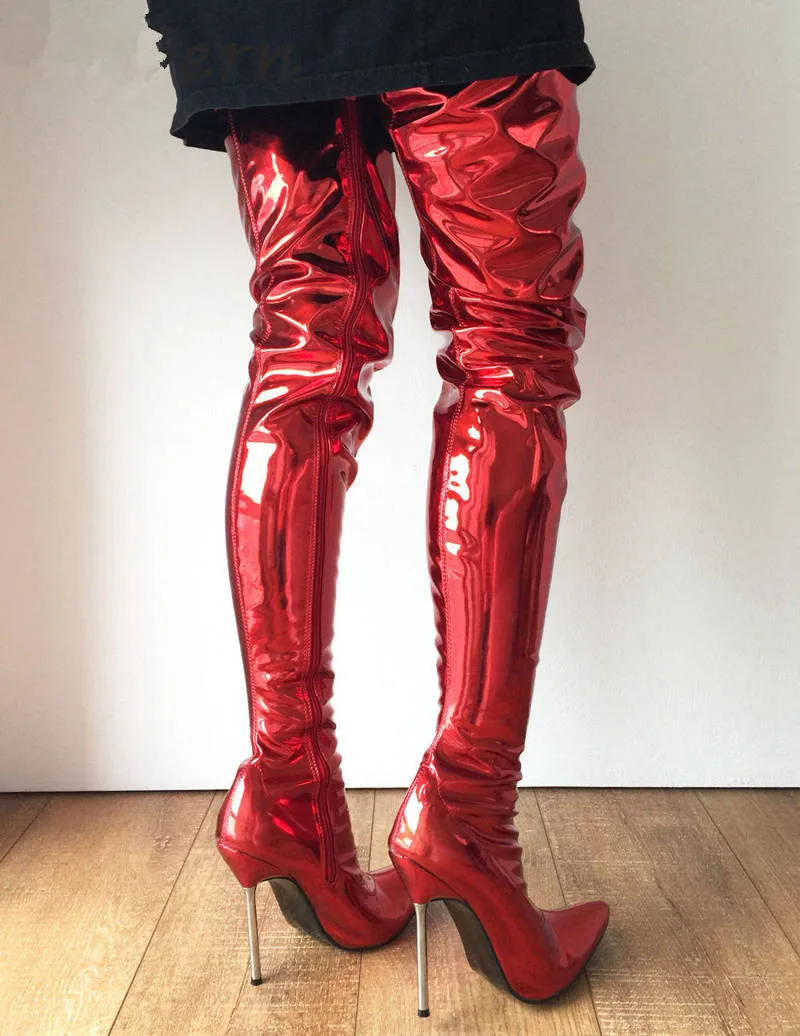 Женские Серебристые туфли на шпильке с острым носком на высоком каблуке 12 см, высокие танцевальные сапоги до бедра 60 см, Uniseex, цвет металлик, красный, Customi