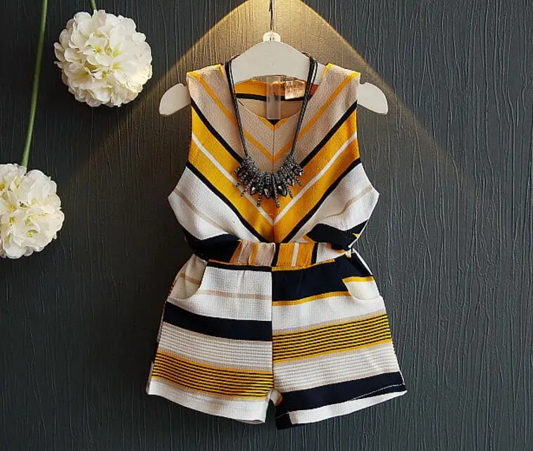Sleeveless Girls Clothing Sets Casual Chiffon Striped Shirt Tops Shorts 2-piece Kids Clothes 2019 Summer Children Outfits Suit (1)
