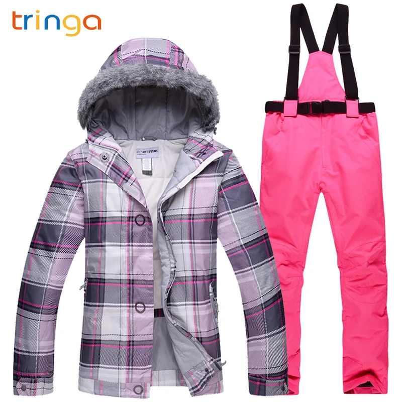 TRINGA الماركات الشتاء بدلة تزلج النساء جودة عالية سترة تزلج السراويل الثلوج الدافئة للماء يندبروف التزلج على الجليد الدعاوى