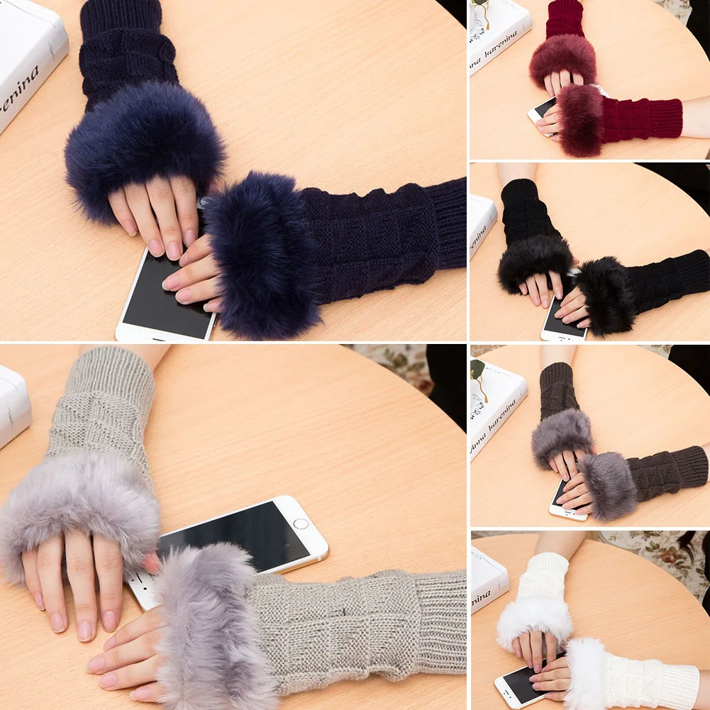 Женские перчатки с искусственным кроличьим мехом, вязаные перчатки без пальцев, теплые зимние вязаные перчатки, новые перчатки с отделкой запястья