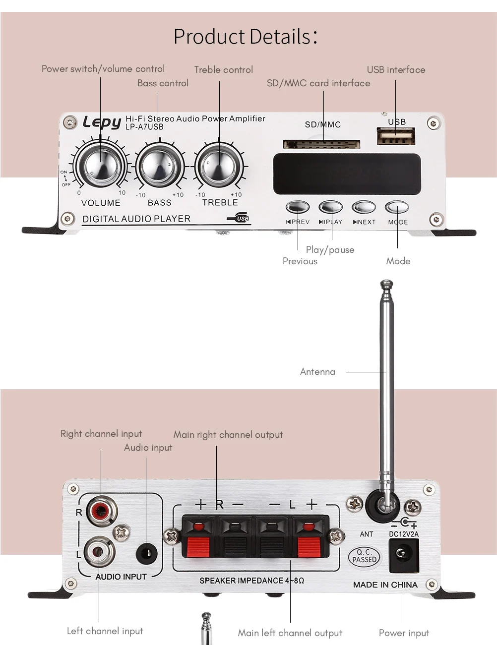 Bluetooth Беспроводной усилитель 2-канальный Hi-Fi СТЕРЕО Bass аудио дома плеер маленький Мощность Поддержка SD USB FM для мотоцикл XM-57