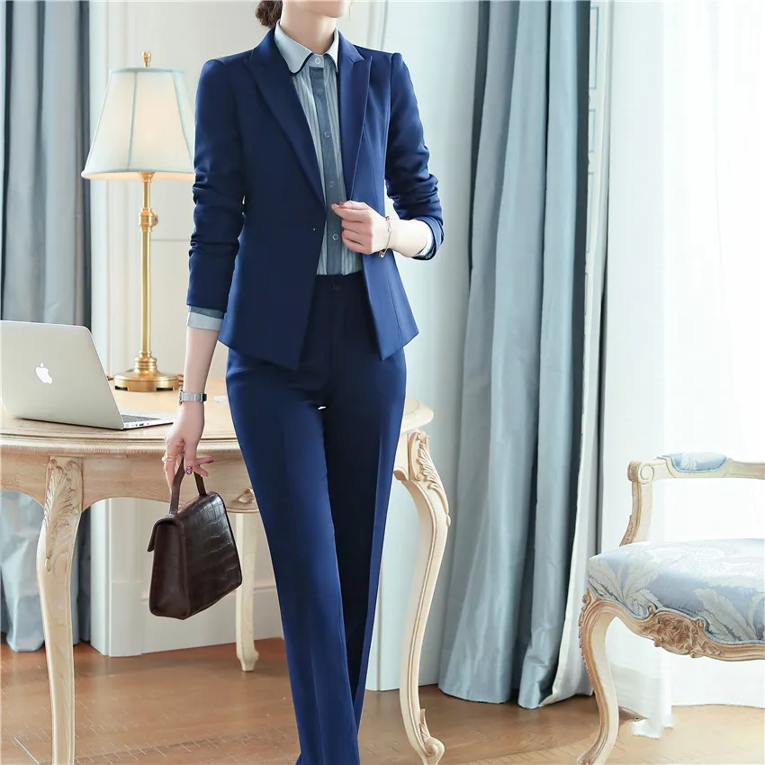 Костюм женский брючный костюм женский костюмы женские женский костюм осенне-зимний женский костюм офисная униформа Деловые женские рабочие брюки костюмы женский комплект из 2 предметов Блейзер брюки большой размер 4XL - Цвет: blue pant suits