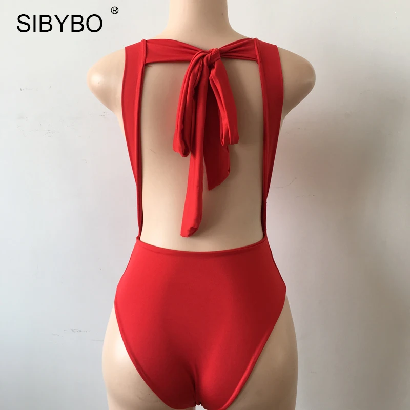 Sibybo 2019 Sexy Chic Backless Bodysuit Women Black / White Deep V Neck Summer Bodycon Bodysuit Rompers Womens Jumpsuit