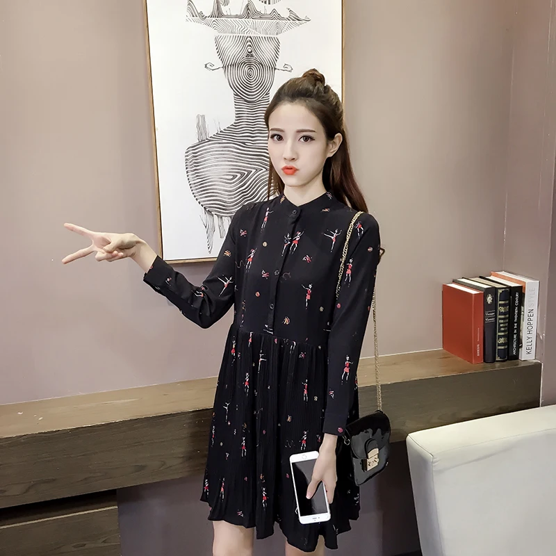 Ceny Moda kobieta sukienki 2019 wiosna z długim rękawem drukuj szyfonowa sukienka kobiety plus rozmiar imperium przycisk plisowana sukienka kobiety 2186 50