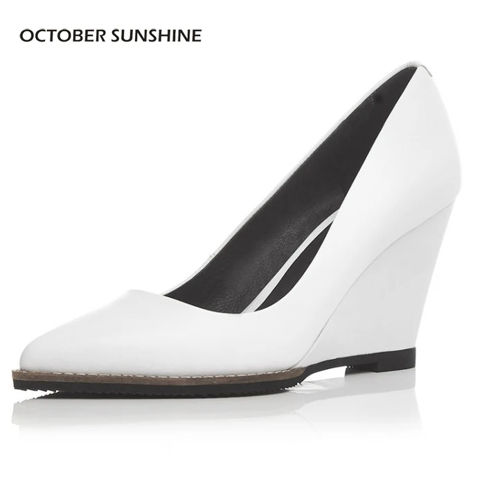 

OCTOBER SUNSHINE (White, black) Women Fashion Pointed Toe Wedges Pumps Lady Party Wedges Genuine Leather Wedges Shoes for women