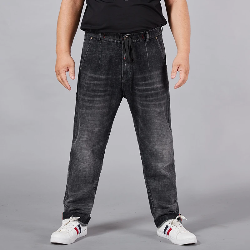 

Plus Size Men Straight Jeans Ankle Length Dark Grey Elastic Drawstring Waist Denim Pant Oversize L-7XL(32-48)
