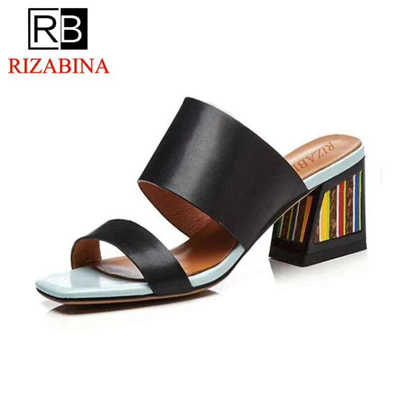 

RizaBina Women High Heel Sandals Genuine Leather Mixed Color Thick Heel Slip On Ladies Shoes Simple Ornate Footwear Size 33-43