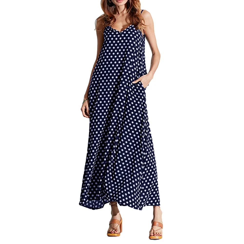 

5XL Plus Size Summer Dress 2019 Women Polka Dot Print V Neck Sleeveless Sundress Loose Maxi Long Beach Bohemian Vintage Dress