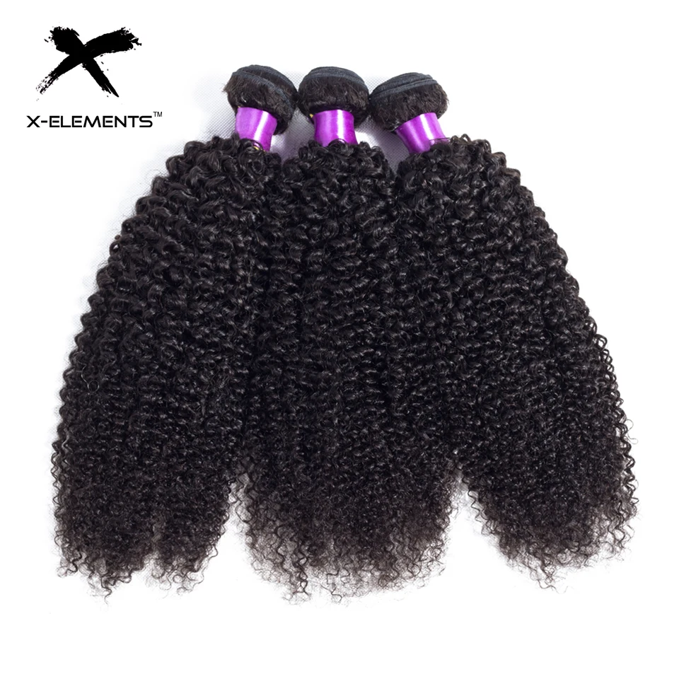 X-Elements Malaysian Kinky Curly Hair 1 3 4 Bundles Deals Natural Color Human Hair Bundles 8-26 inches Non Remy Hair Weave Extensions (4)