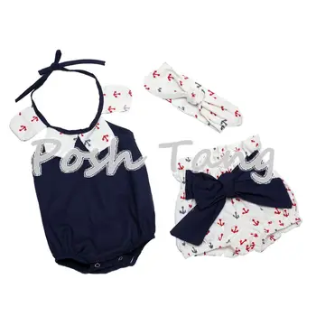 

Anchor Baby Rompers Girl Baby Costumes Set Kids Jumpsuit Cotton Chevron Romper Photo Props with bow headband 23 Colors