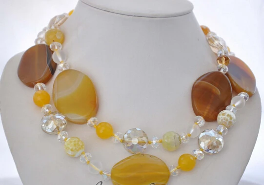 

Miss charm Jew1206 BEAUTIFUL yellow massive wafer agate faceted crystal jade bead NECKLACE 36inch