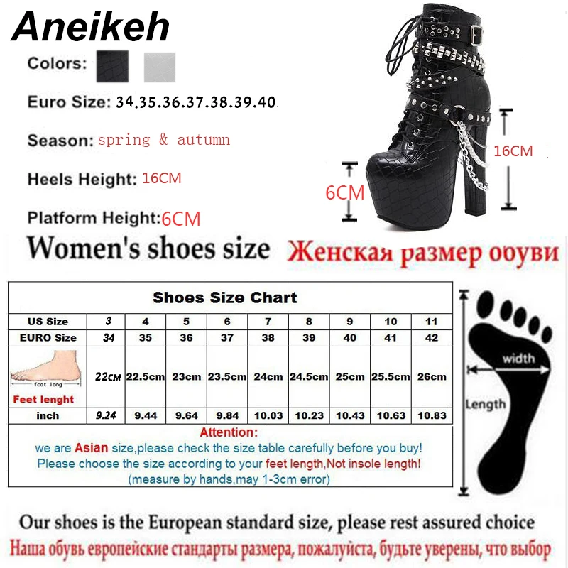 Aneikeh/Модная обувь на платформе с заклепками и цепочками; женские ботильоны в байкерском стиле; черные туфли-лодочки на высоком каблуке 16 см; пикантные осенне-зимние ботинки