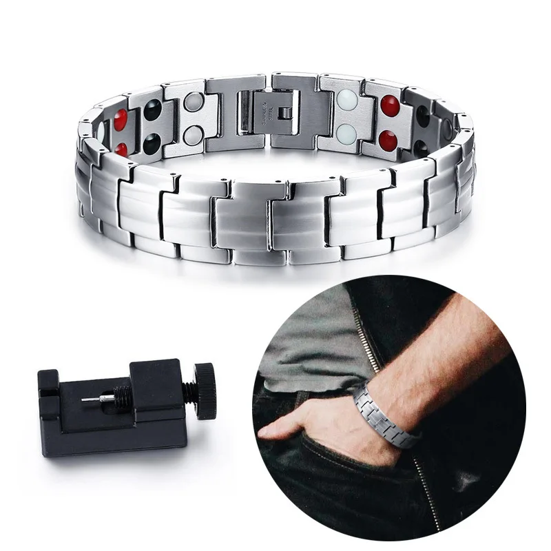 

Gents Jewels Stainless Steel Magnetic Power Bracelet 2 Row 4-in-1 Energy Magnets Negative Ion FIR Germanium Bangle Silver Tone