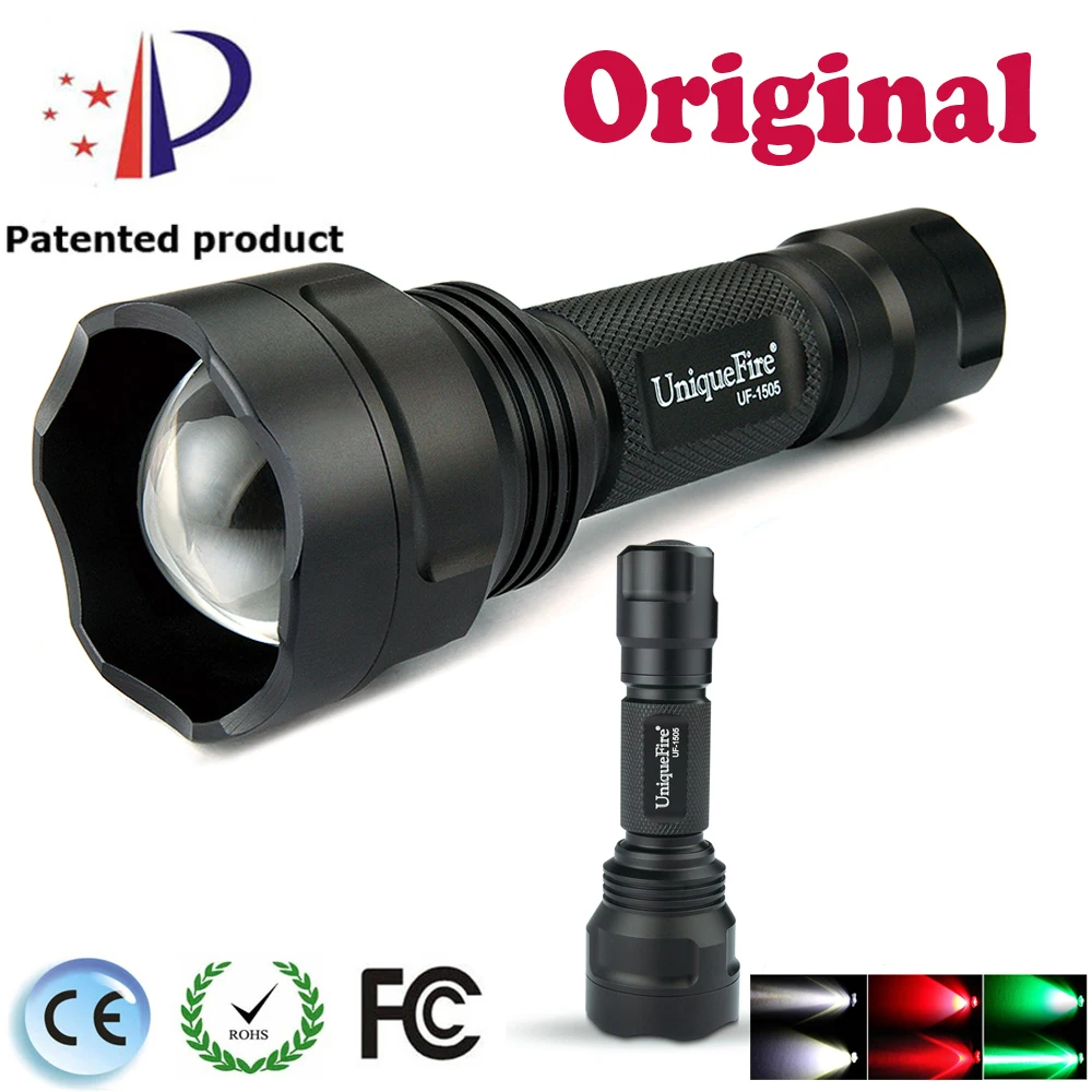 ФОТО UniqueFire UF-1505 Black Torch Flashlight with Green/Red/White Light For Rifle hunting search light