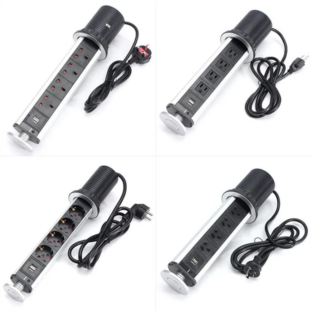 

2500W US/UK/EU/AU Hidden Pop-up Office Desktop Electrical Socket 4 Power 2 Charge USB Aluminum Shelf LED Desk Worktop