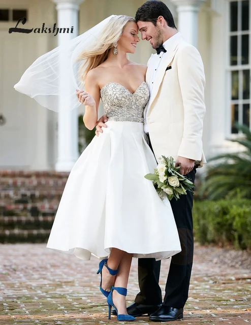 Delicate Beaded Vintage Tea Length Wedding Dresses Sweetheart Satin Delicate Beaded Vintage Tea Length Wedding Dresses Sweetheart Satin A Line Short Reception Dress